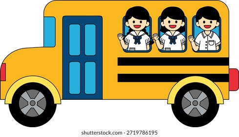 A school bus with three Thai children
