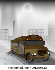 school bus in town with heavy pollution