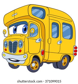 School bus. Toy vehicle. Cartoon character isolated on white background. Colorful design for kids activity book, coloring page, colouring picture. Vector illustration for children.