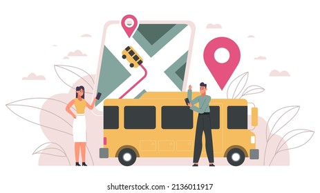 School bus tracking software, kids safety technology system. Children location gps tracker, mobile bus navigation app vector illustration. Kids safety technology tracking school bus