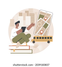 Schulbus-Tracking-System abstrakte Konzept Vektorgrafik. Bus-Tracking-Anwendung, intelligentes Schultransportsystem, GPS-Ortsverfolgung, abstrakte mobile Navigationssoftware-Metapher.