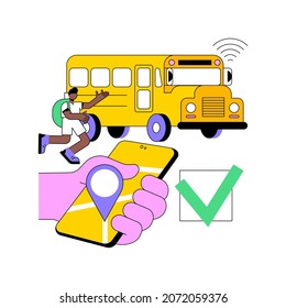 School bus tracking system abstract concept vector illustration. Bus tracking application, school smart transportation system, GPS location tracker, mobile navigation software abstract metaphor.