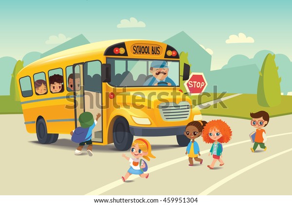 スクールバスの交通停止法 学校に戻る安全のコンセプト スクールバスに乗ってる子ども 子どもの寄宿学校バス 子供が道を渡る ベクターイラスト のベクター画像素材 ロイヤリティフリー