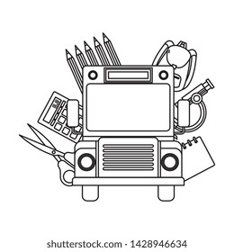 school bus transport with education icons