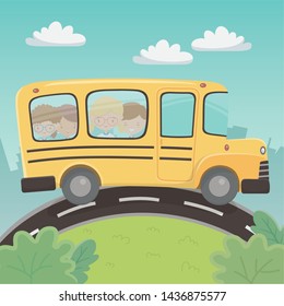 school bus transport with group of kids in the landscape