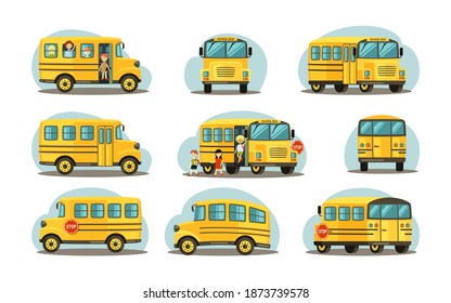 School bus in various forms. Passenger yellow car with joyful children vehicle for transporting elementary schoolchildren cozy movement in modern safe car and travel excursions. Cartoon auto vector.