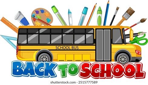 School bus with various school supplies
