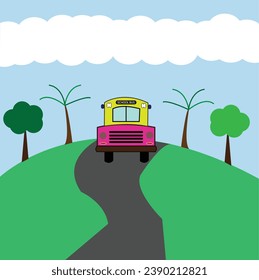 school bus vector design. School bus with school kids students in uniform happy riding and back to school text in blue background. 