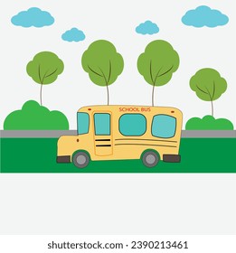 school bus vector design. Yellow school bus and background of sky clouds and road. Design element of transportation education. 
