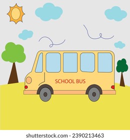 school bus vector design. Yellow school bus and background of sky clouds and road. Design element of transportation education. 