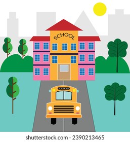 school bus vector design. Yellow school bus and background of sky clouds and road. Design element of transportation education. 