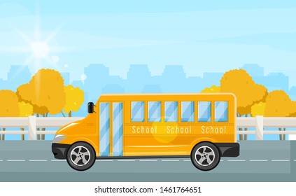 School bus Vector flat style. Autumn fall background illustration