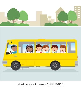 School Bus. Vector Illustration Of A School Bus Driver And Happy School Kids On The Road.
