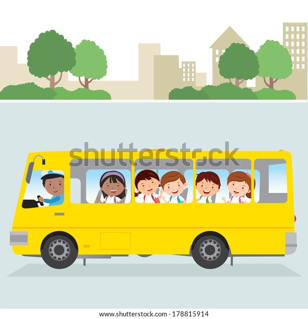 スクールバス 路上のスクールバスの運転手と幸せな学校の子どもの