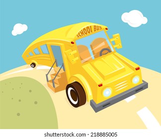 School bus vector illustration, empty yellow waits for children, funny
