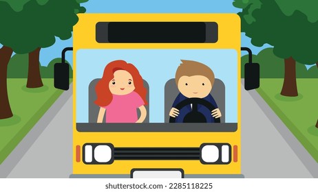 School bus vector illustration in flat design style. School bus driver and passenger.