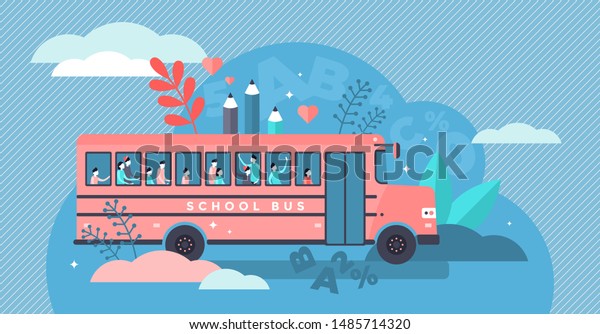 School bus vector illustration. Flat tiny pupil\
transport persons concept. Classical full student van on the way to\
school, college or elementary. Public regular road service for\
children street drive