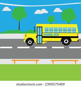 school bus in vector illustration. Illustration of school kids riding yellow transportation education. school bus safety stop drive vector. Travel automobile school bus public trip childhood truck.