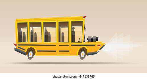 School Bus. Vector Illustration. Racing Bus in Cartoon Style with Big Engine.