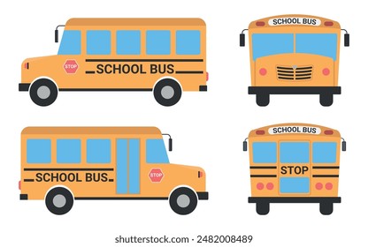 School Bus - Vector Illustrations in Flat Design in 4 angles. Right, Left, Front and Back.