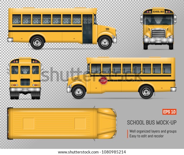 スクールバスのベクター画像モックアップ 透明な背景に黄色の都市の自動車のテンプレート 車のブランド化 モックアップ 側面 前面 背面 上面からの表示 のベクター画像素材 ロイヤリティフリー