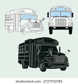 Conjunto de Vector de autobús escolar, Ilustraciones de vista frontal y lateral de autobús amarillo en estilo de arte y silueta de línea, iconos de transporte educativo para niños