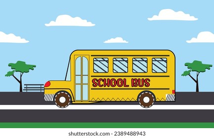 School bus Vector. school bus in street. Vector flat illustration.