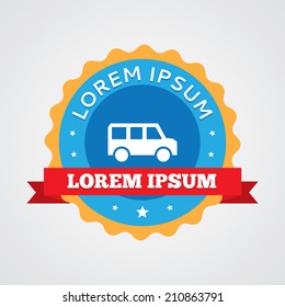 school bus vintage badge, label icon. Blue with red ribbon 