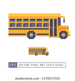 School bus. Yellow bus pixel art icon. Isolated on white background vector illustration. Design for stickers, app and logo.