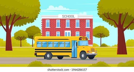 School bus yellow vehicle stands in parking near building. Special automobile for transporting children. Group of cheerful children going to school in bus on background of facade of school building