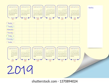 School or business calendar for the 2019 year  and blank weekly planner on light yellow background. Vector contains page curl effect with a place for your text in an exposed corner.