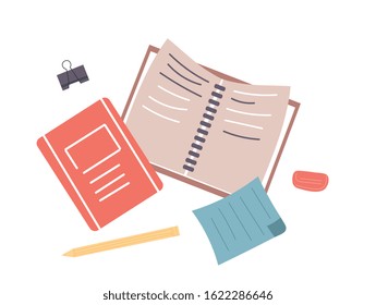 School or business concept with open notebook and loose paper notes with pencil and eraser over white, cartoon vector illustration