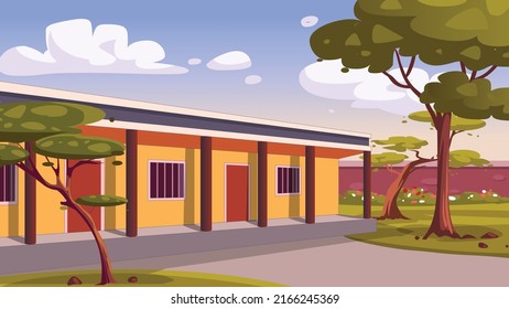 School and cafe building and blue sky