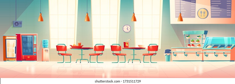 School cafe, university canteen, dining room with counter desk and trays, meals and beverages, tables with chairs, vending machines with snacks or drinks, menu and clock, Cartoon vector illustration