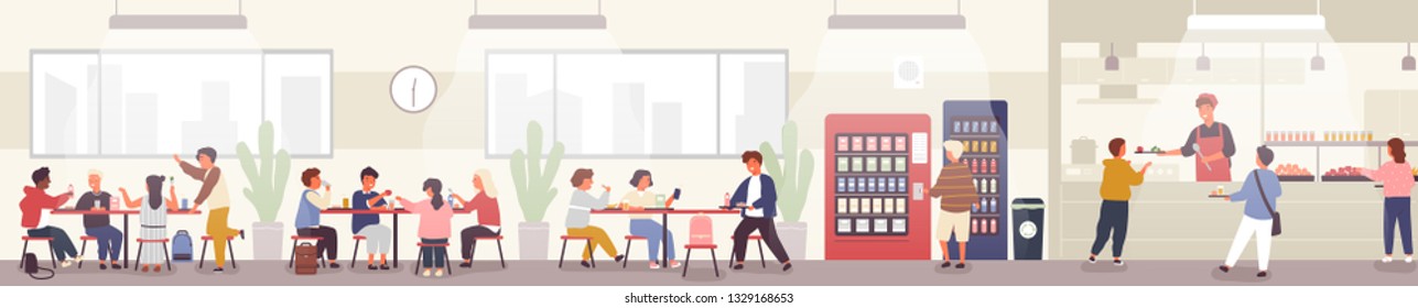 School cafeteria, canteen or dining hall with pupils carrying trays with meals, sitting at tables and eating lunch, buying snacks at vending machine. Vector illustration in flat cartoon style.