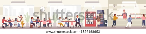 School cafeteria, canteen or dining hall with\
pupils carrying trays with meals, sitting at tables and eating\
lunch, buying snacks at vending machine. Vector illustration in\
flat cartoon style.