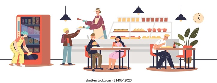 School cafeteria canteen interior with schoolchildren buying food and sitting at tables in dining hall after classes. Kids eating lunch in school. Cartoon flat vector illustration