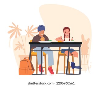 School Cafeteria Canteen Interior With Schoolchildren Sitting At Tables and Eating Food In Dining Hall After Classes. Kids Characters Eating Lunch. Cartoon People Vector Illustration