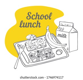 School cafeteria composition. Tray with food, banana and pack of milk. Hand drawn outline vector sketch illustration