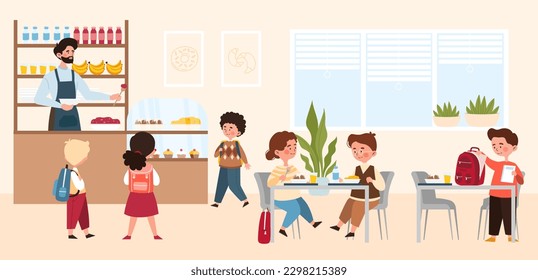 School cafeteria concept. Boys and girls with backpacks in dining room. Man offering healthy food and drink, natural and organic products. Schoolchildren with lunch. Cartoon flat vector illustration