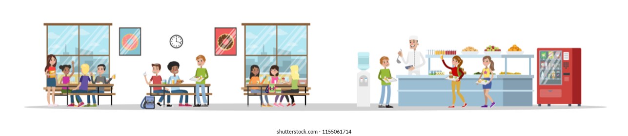 School cafeteria interior. Children have lunch in the dining room. School canteen. Isolated vector flat illustration