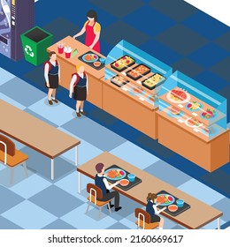 School cafeteria interior. Children have lunch in the dining room. School canteen isometric 3d vector illustration concept for banner, website, illustration, landing page, flyer, etc.