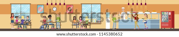School cafeteria\
interior. Children have lunch in the dining room. School canteen.\
Vector flat\
illustration