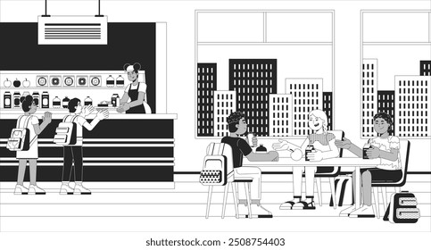 School cafeteria with kids black and white line illustration. Canteen lunchroom schoolchildren eating 2D characters monochrome background. Buffet mealtime. Lunch break schoolkids outline vector image