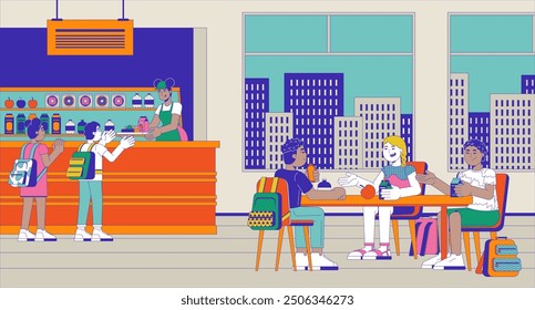 School cafeteria with kids cartoon flat illustration. Canteen lunchroom schoolchildren eating 2D characters colorful background. Buffet mealtime. Lunch break schoolkids scene vector storytelling image