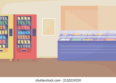 School cafeteria space flat color vector illustration. Lunch break in fast food bistro. Vending machines near walls. College cafe 2D cartoon interior with food counter on background