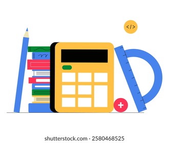 School Calculator With Books, Stationery, And Geometry Tools In Flat Vector Illustration Symbolizing Mathematics, Education, And Academic Learning, Isolated On White Background