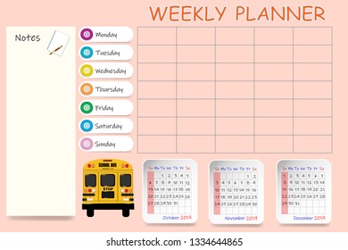 School calendar for the fourth quarter of 2019  and blank weekly planner on light orange background. 