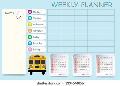 School calendar for the second quarter of 2019 and blank weekly planner on light blue background. 