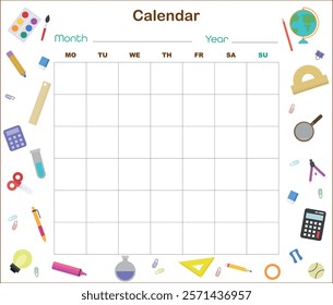 School calendar template, monthly planner, diary for notes with fields. Monthly calendar with school things on background.